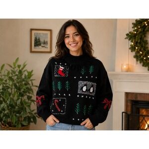 Vintage Christmas Sweater Women Large Black Fringed Mock Neck Penguin‎ Stocking
